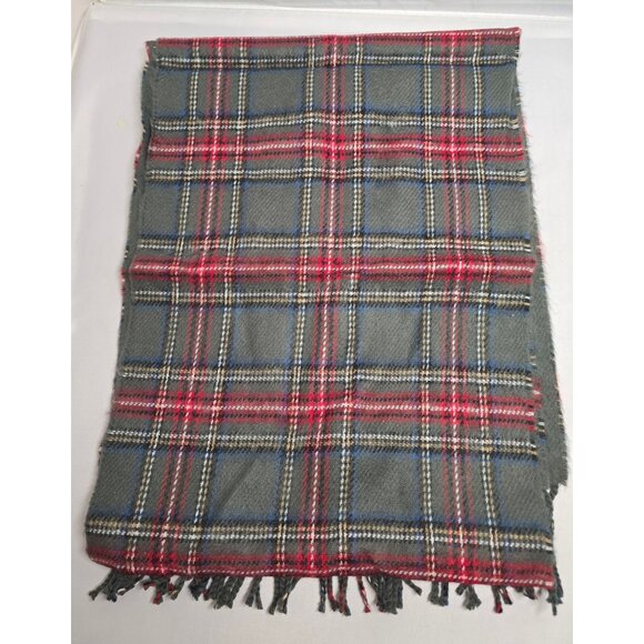 Vintage Gray & Red Tartan 100% Cashmere Scarf With Fringe old money warm soft - Picture 3 of 5